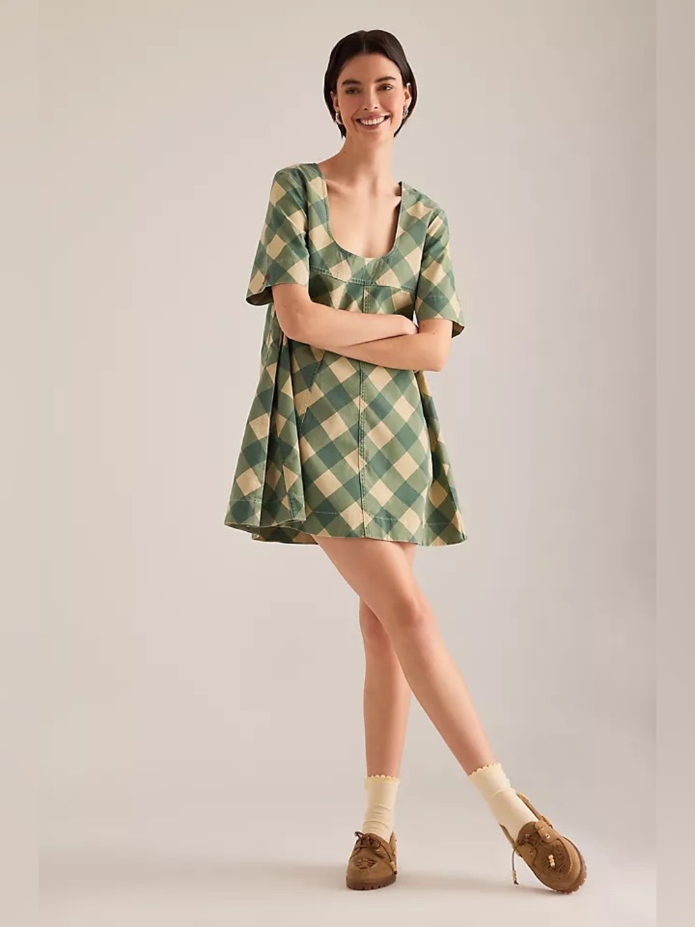 NWT Damson Madder Bridget Mini Dress in Green Butter Gingham UK 4 / US 0